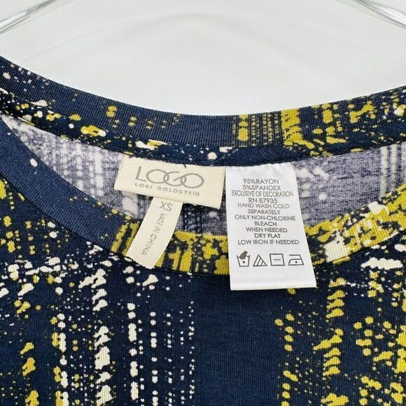 LOGO Lori Goldstein Size XS Navy Blue & Yellow Long Sleeve Lace Trim Tunic Top - Picture 6 of 9